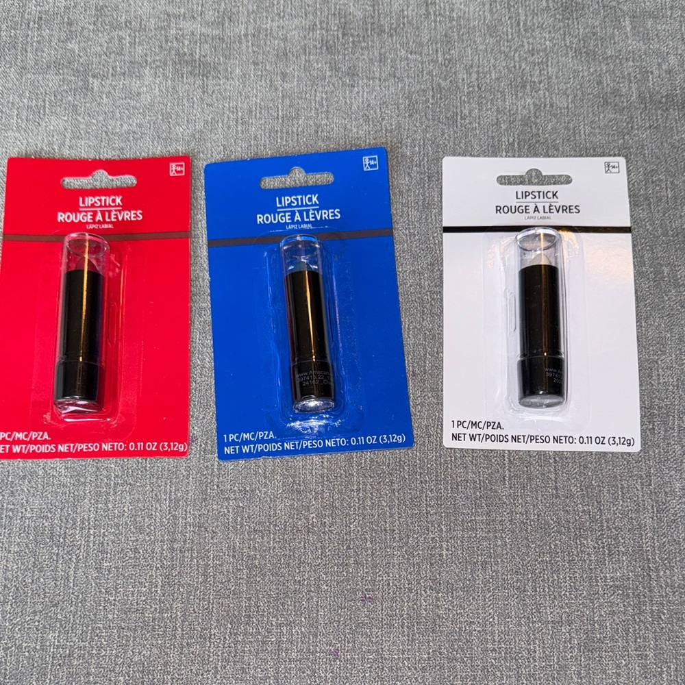 Lipstick Lot in Red, Blue, and White Carded Packs